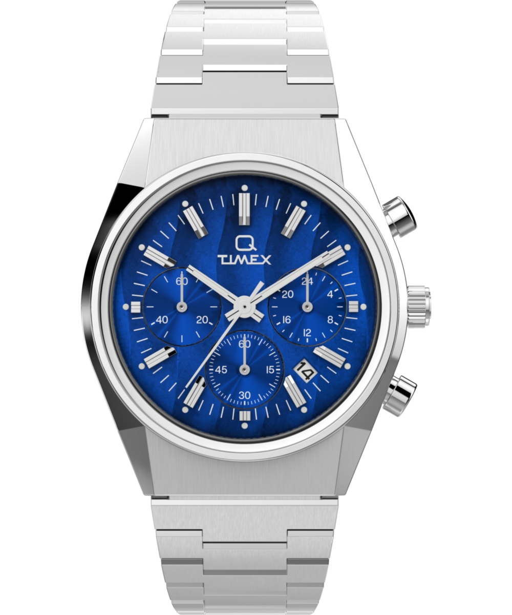 TIMEX Q Falcon Eye ブルー文字盤 美品 復刻モデル 箱付き Q Timex Falcon Eye Chronograph 40mm Stainless Steel Bracelet Watch