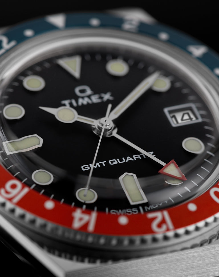Vintage Inspired watches - Q Timex GMT With a blue a red bezel, black dial on a stainless-steel strap