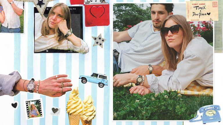 A collage featuring a young couple lounging on a picnic blanket wearing Timex x Dimepiece watches. The woman wears oversized black sunglasses, a light button-down shirt, and a chunky pearl bracelet beside the black watch. The man wears a light blue striped shirt and the same watch style. Surrounding images show close-ups of the woman's wrist, vintage stickers like ice cream cones, a blue toy car, stars, and a red lighter with a heart. A "Postcard" graphic in the top right corner reads "Timex x Dimepiece ♥"
