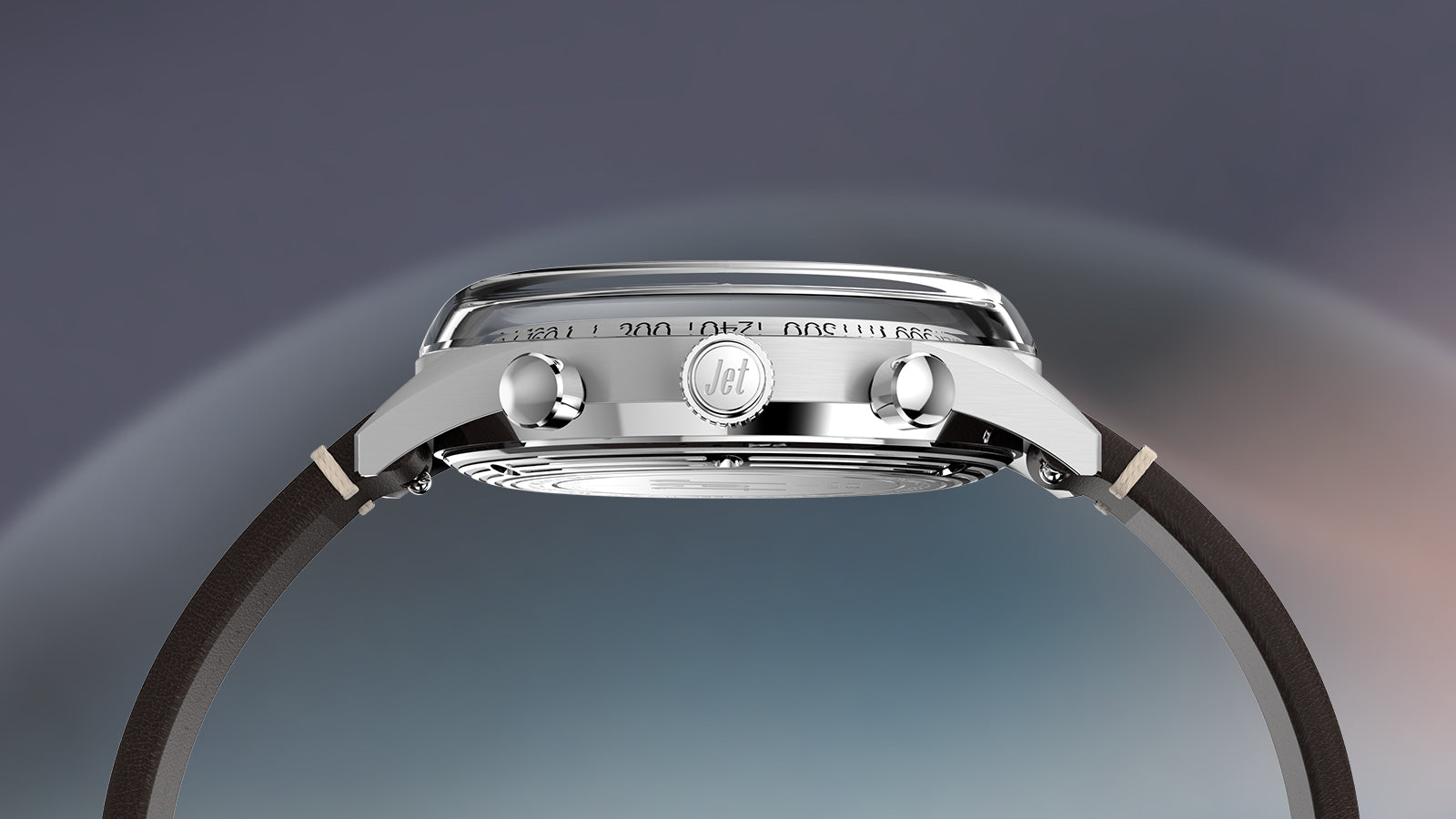 A side render of the Marlin® Jet Chronograph, emphasizing the domed crystal, engraved “Jet” crown, and chronograph pushers. The brown leather strap wraps cleanly around the wrist silhouette.