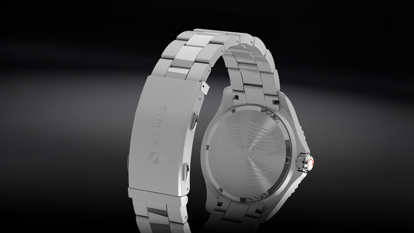 Rear view of the Timex Deepwater Meridian 200 showing stainless steel caseback with wave pattern engraving and clasp with TIMEX logo.