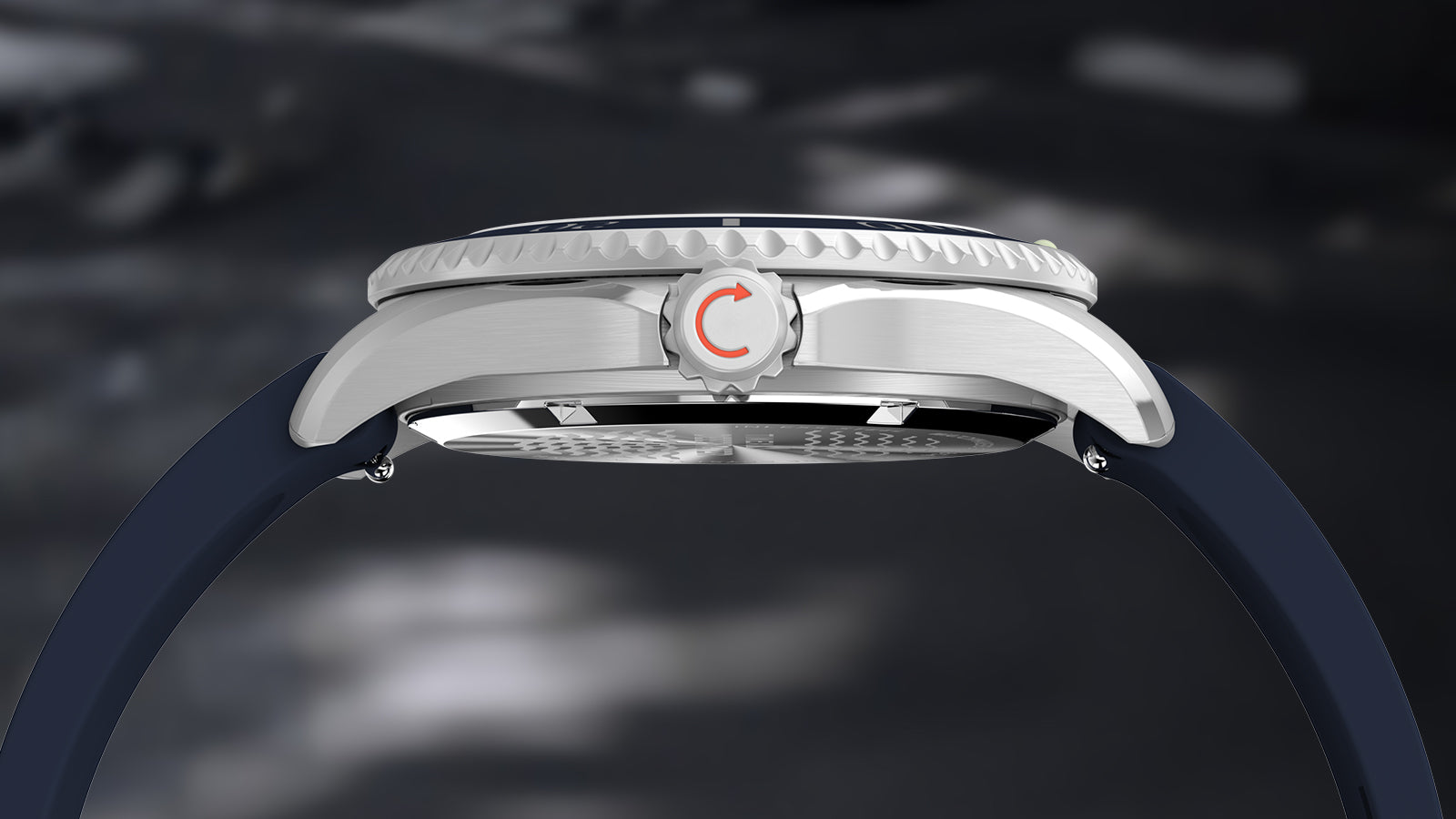 Side profile of the Timex Deepwater Meridian 200 dive watch highlighting the stainless-steel case and crown with blue strap.