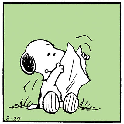 Snoopy sits on the grass holding a blanket up to his face, looking curious and content.