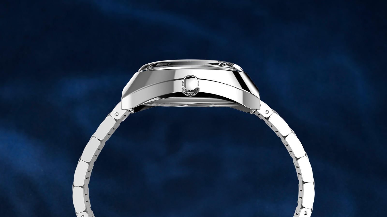 Side profile of the Q Timex® 1972 Time Machine Reissue showing its polished stainless-steel case, domed crystal, and hexagonal-link bracelet, displayed against a dark blue gradient background.