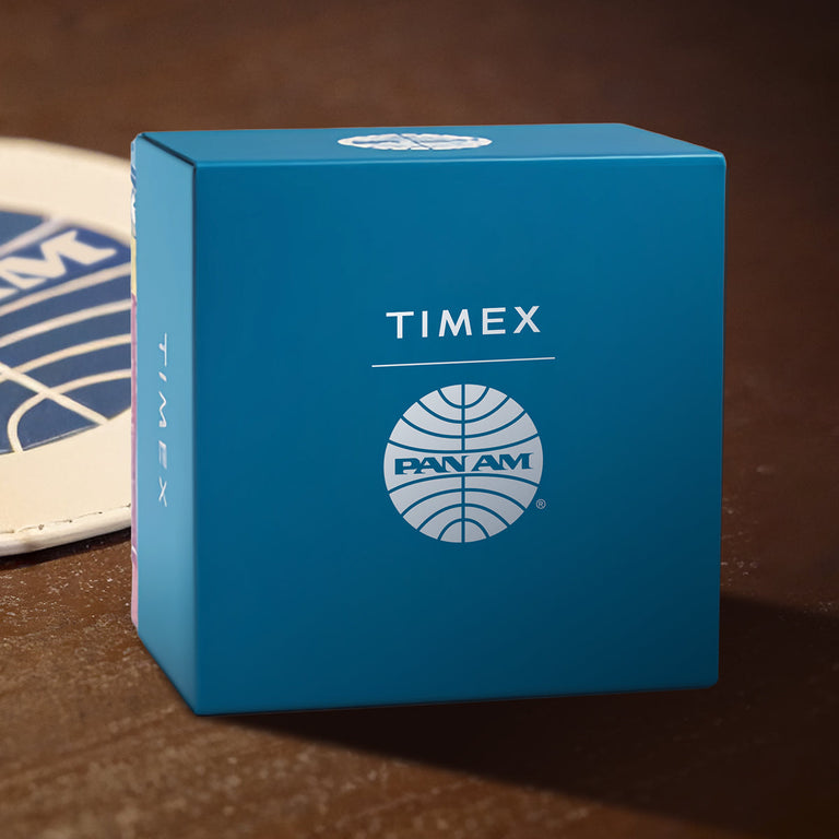 Blue Timex x Pan Am® Waterbury Ace Chronograph watch box featuring the Pan Am globe logo in white.