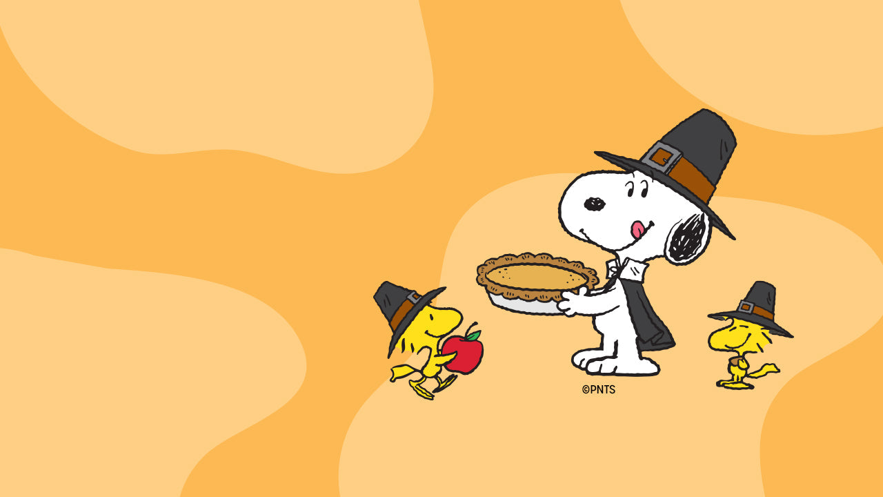 Illustration of Snoopy dressed as a pilgrim carrying a pumpkin pie, joined by two Woodstocks wearing pilgrim hats—one holding an apple—against a festive orange background.