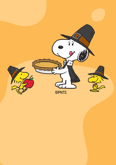 Illustration of Snoopy dressed as a pilgrim carrying a pumpkin pie, joined by two Woodstocks wearing pilgrim hats—one holding an apple—against a festive orange background.