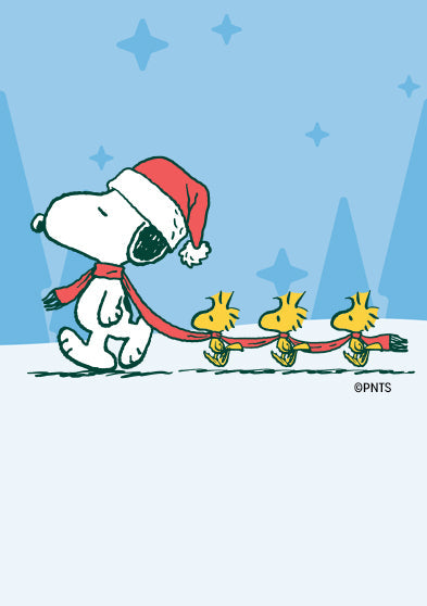 Illustration of Snoopy wearing a Santa hat and red scarf, walking through the snow while pulling three Woodstocks behind him with a red leash, set against a blue winter background with falling snow and pine trees.