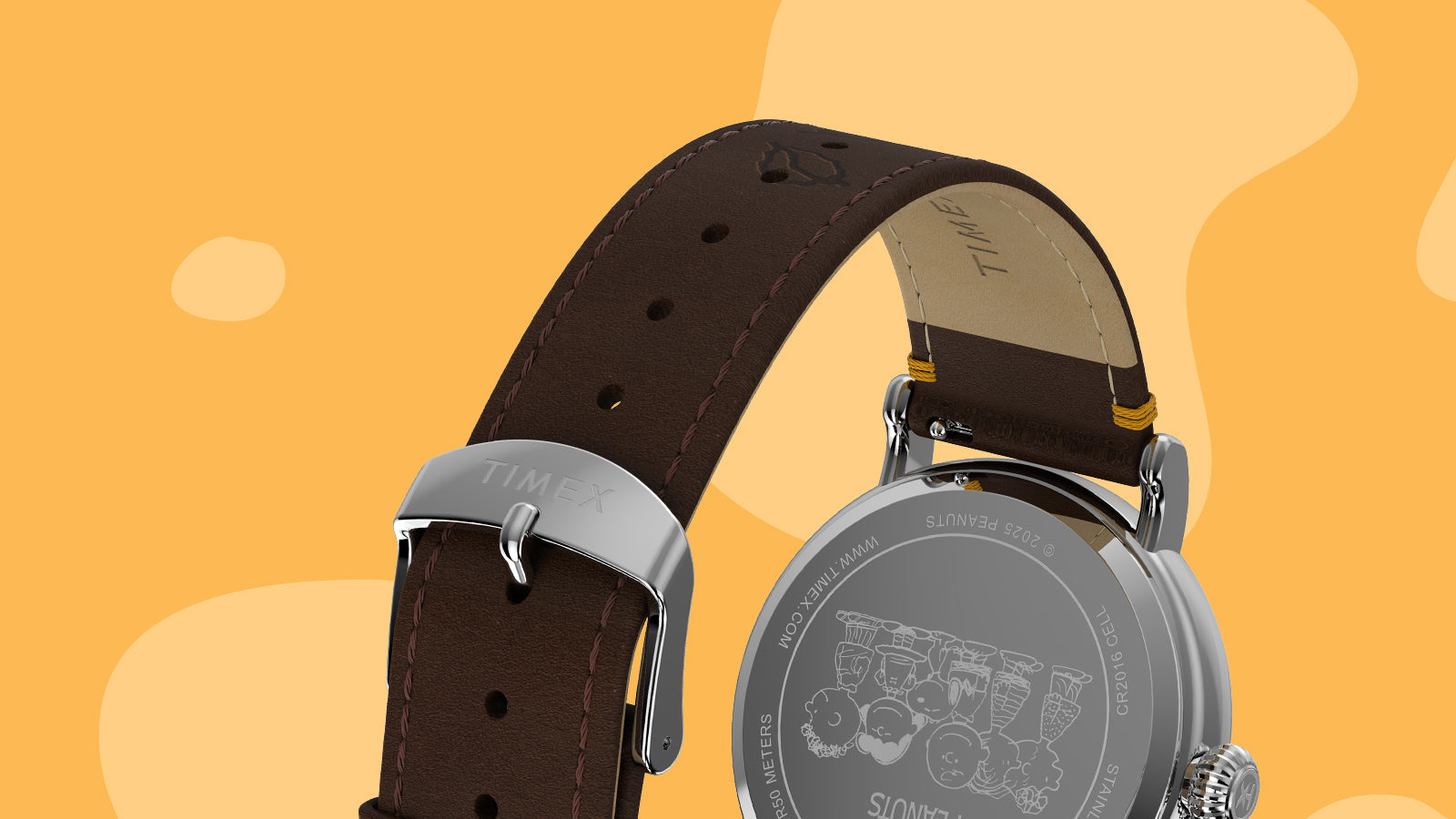Back view of the Timex x Peanuts® Standard Thanksgiving watch showing a brown leather strap with leaf embossing and a polished silver buckle engraved with “TIMEX.” The stainless steel case back features engraved Peanuts® characters.