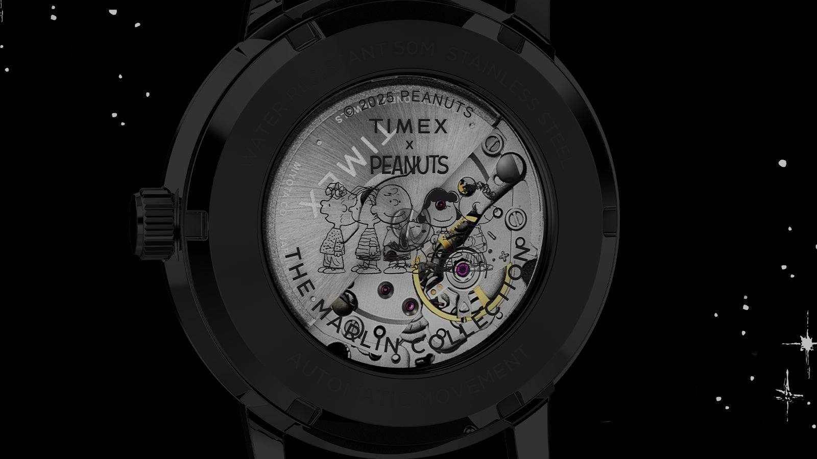 The back of the Timex x Peanuts® Marlin® Automatic watch, revealing the mechanical movement through a transparent caseback. The glass is decorated with Peanuts characters standing together, alongside branding text “Timex x Peanuts” and “The Marlin Collection.”