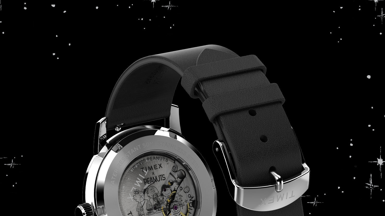 Rear view of the Timex x Peanuts® Marlin® Automatic watch showing the stainless steel caseback and black leather strap. The transparent caseback features Peanuts characters printed over the automatic movement, with text “Timex x Peanuts” and “Water Resistant 50M.”