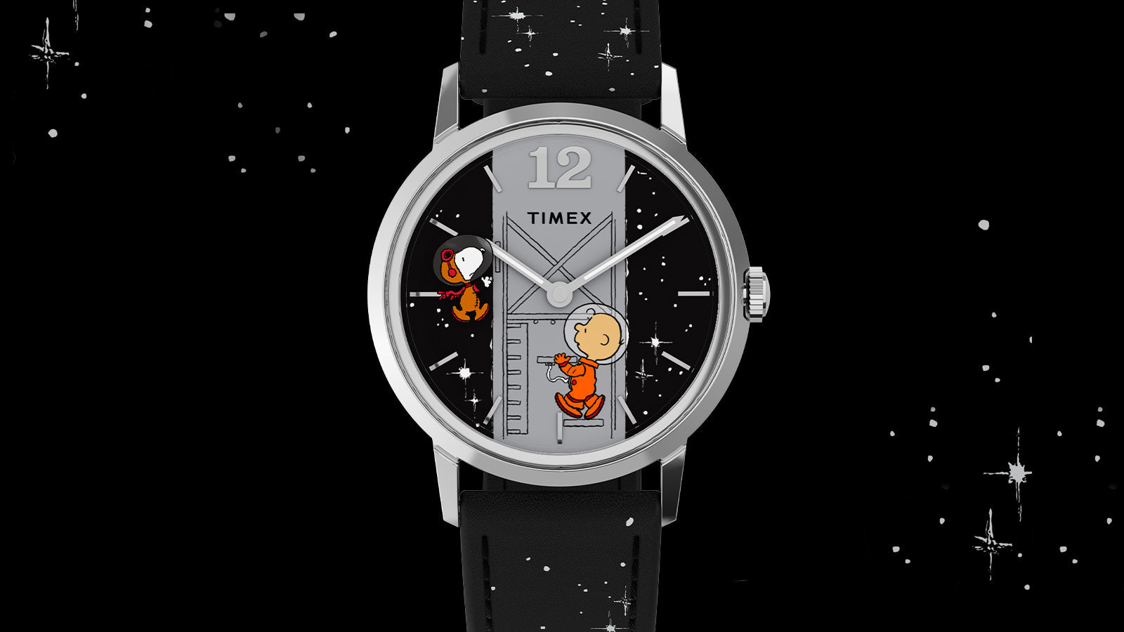 Close-up of the Timex x Peanuts® Marlin® Hand-Wound watch against a black starry background. The silver case and black dial feature Charlie Brown climbing and Snoopy floating in space, with a large “12” numeral at the top.