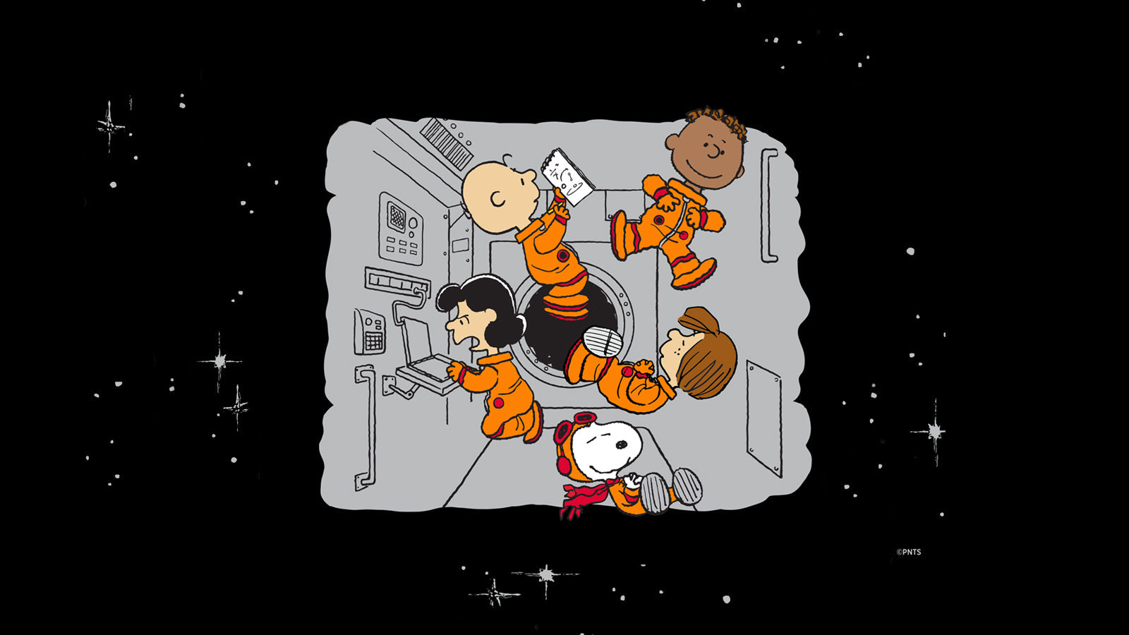 Illustration of Snoopy, Charlie Brown, Lucy, Franklin, and Peppermint Patty in orange space suits floating weightlessly inside a spacecraft, surrounded by control panels.
