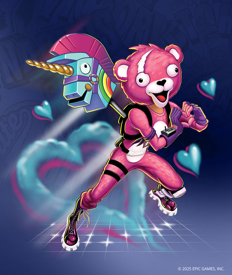 Illustration of a pink bear character in a combat outfit holding a colorful unicorn-shaped weapon, with hearts and a neon heart trail in the background, set against a blue digital grid pattern. © 2025 Epic Games, Inc.