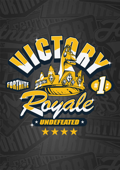 Fortnite Victory Royale graphic with golden crown and Llama icon on a dark Fortnite logo background.