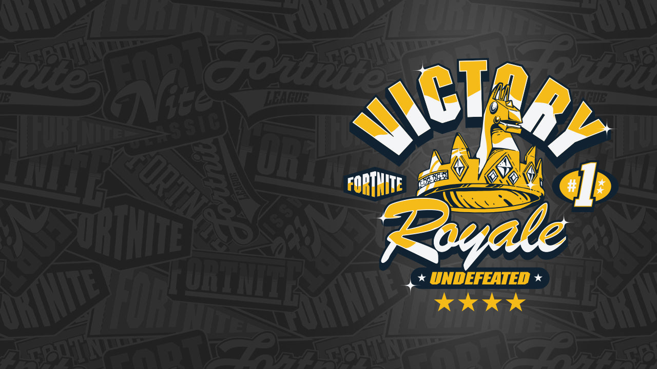 Fortnite Victory Royale graphic with golden crown and Llama icon on a dark Fortnite logo background.
