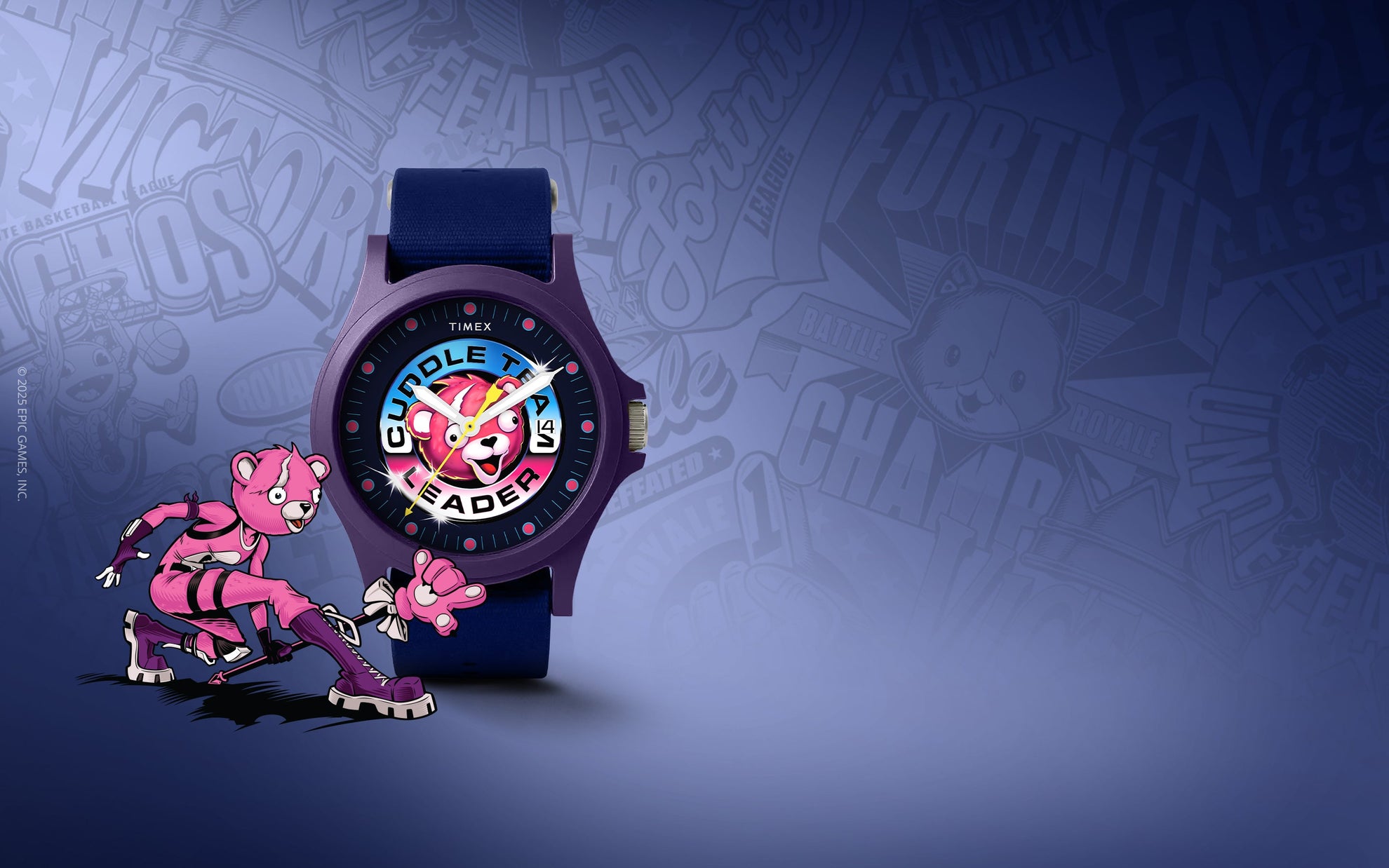 Timex x Fortnite Acadia watch featuring Cuddle Team Leader on the dial, displayed against a Fortnite-themed comic-style background with the pink bear character in action.
