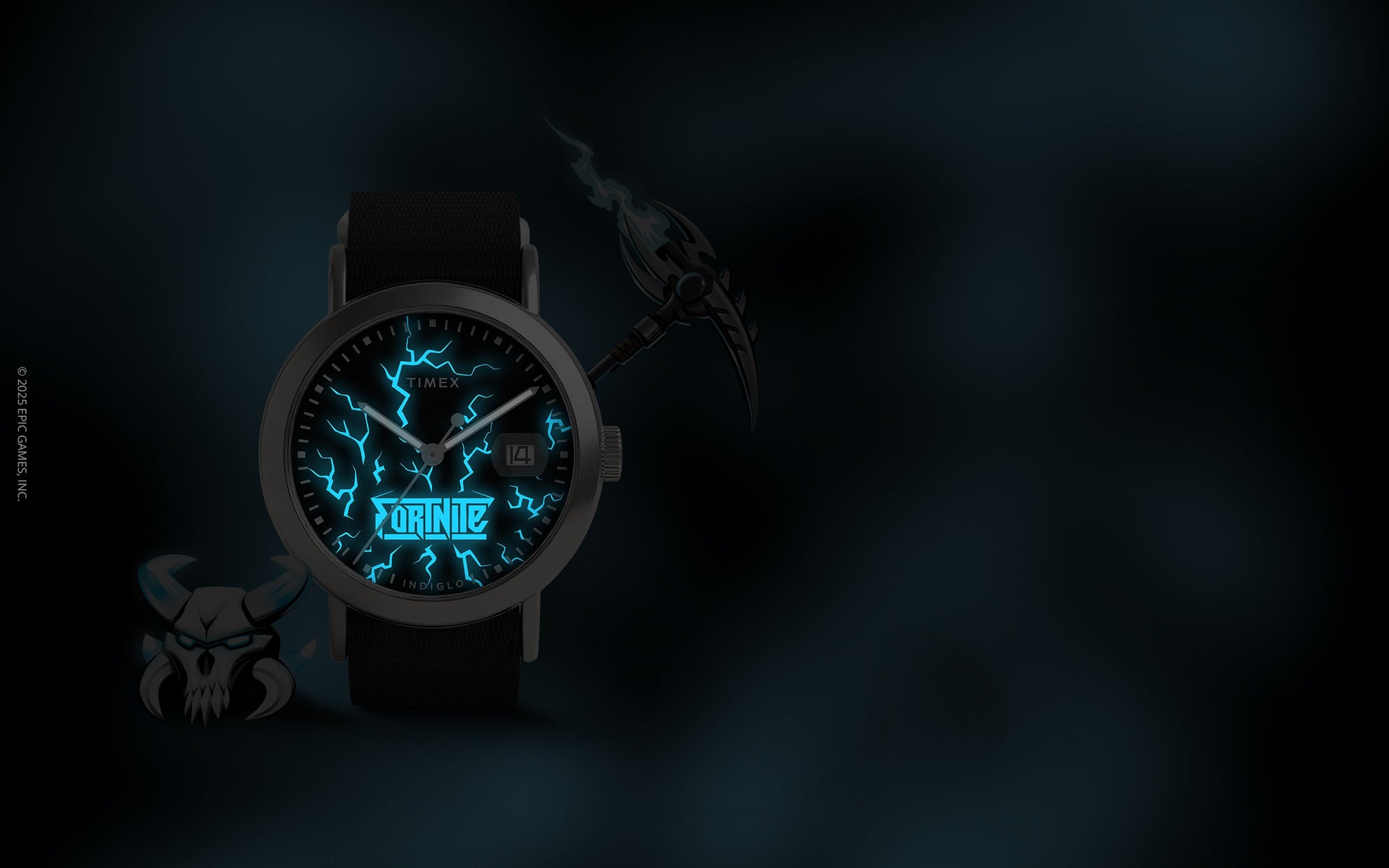 Timex x Fortnite Weekender watch featuring a black dial with Fortnite logo and Indiglo backlight design inspired by the Ice King theme.