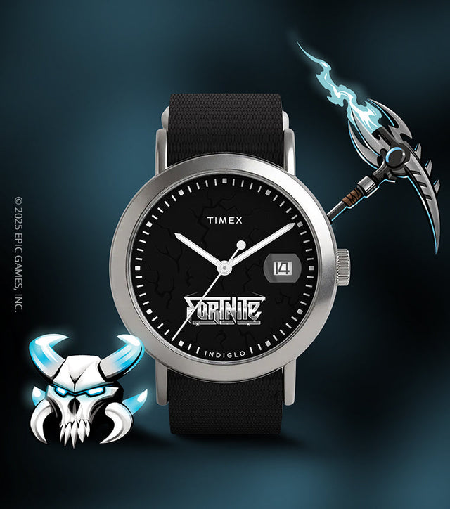 Front close-up of Timex x Fortnite Weekender watch showing glowing electric blue lightning Indiglo dial and Fortnite logo.