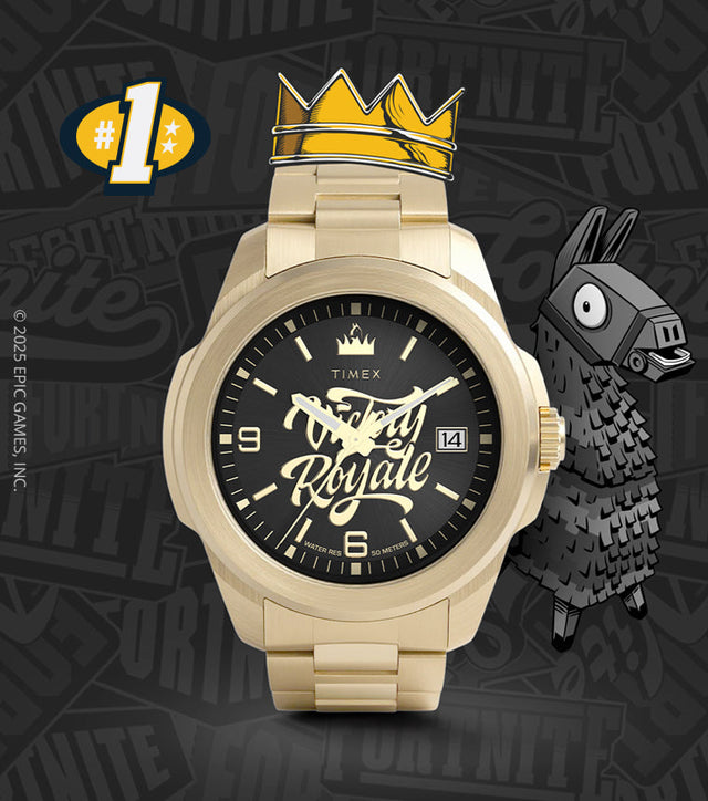 Timex x Fortnite Essex watch with golden crown motif and Fortnite Llama beside, on dark Fortnite-themed background.
