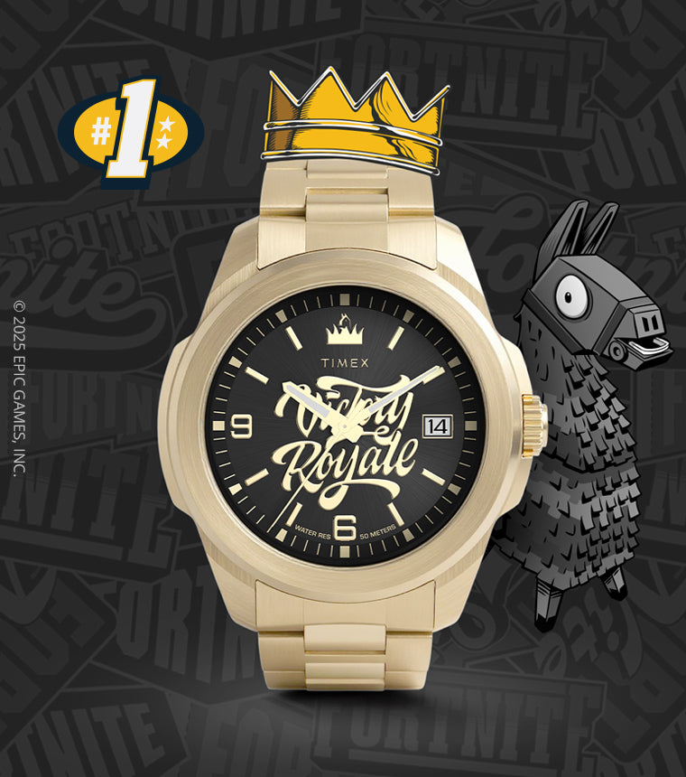 Timex x Fortnite Essex watch with golden crown motif and Fortnite Llama beside, on dark Fortnite-themed background.