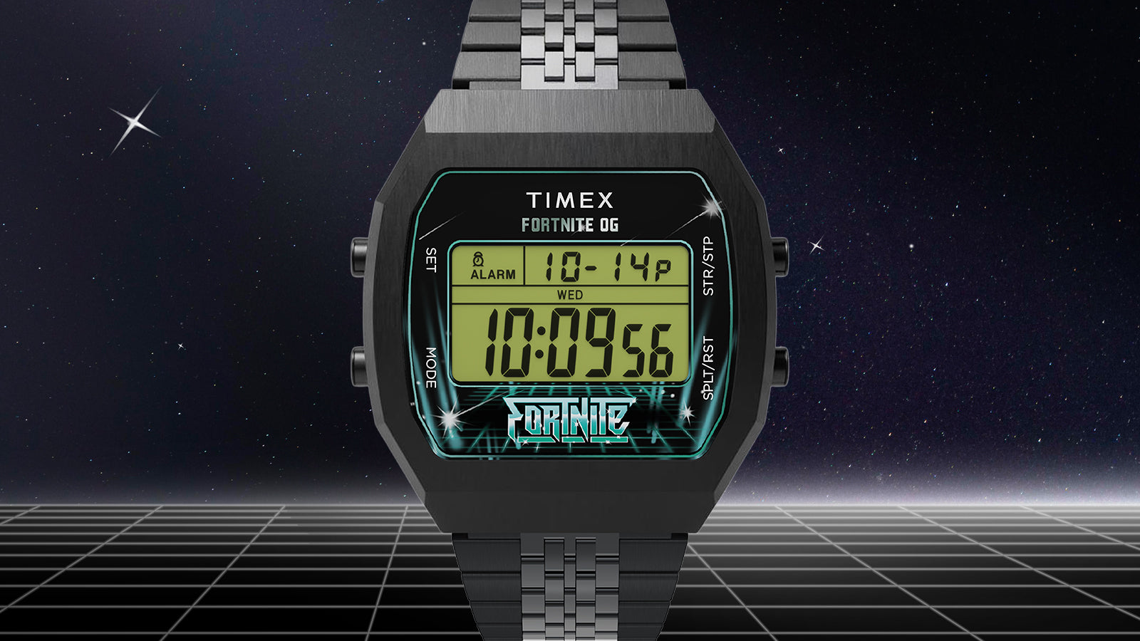 Timex x Fortnite T80 digital watch with green backlit display showing time 10:09 and Fortnite OG logo on screen, set against a space-themed grid background.