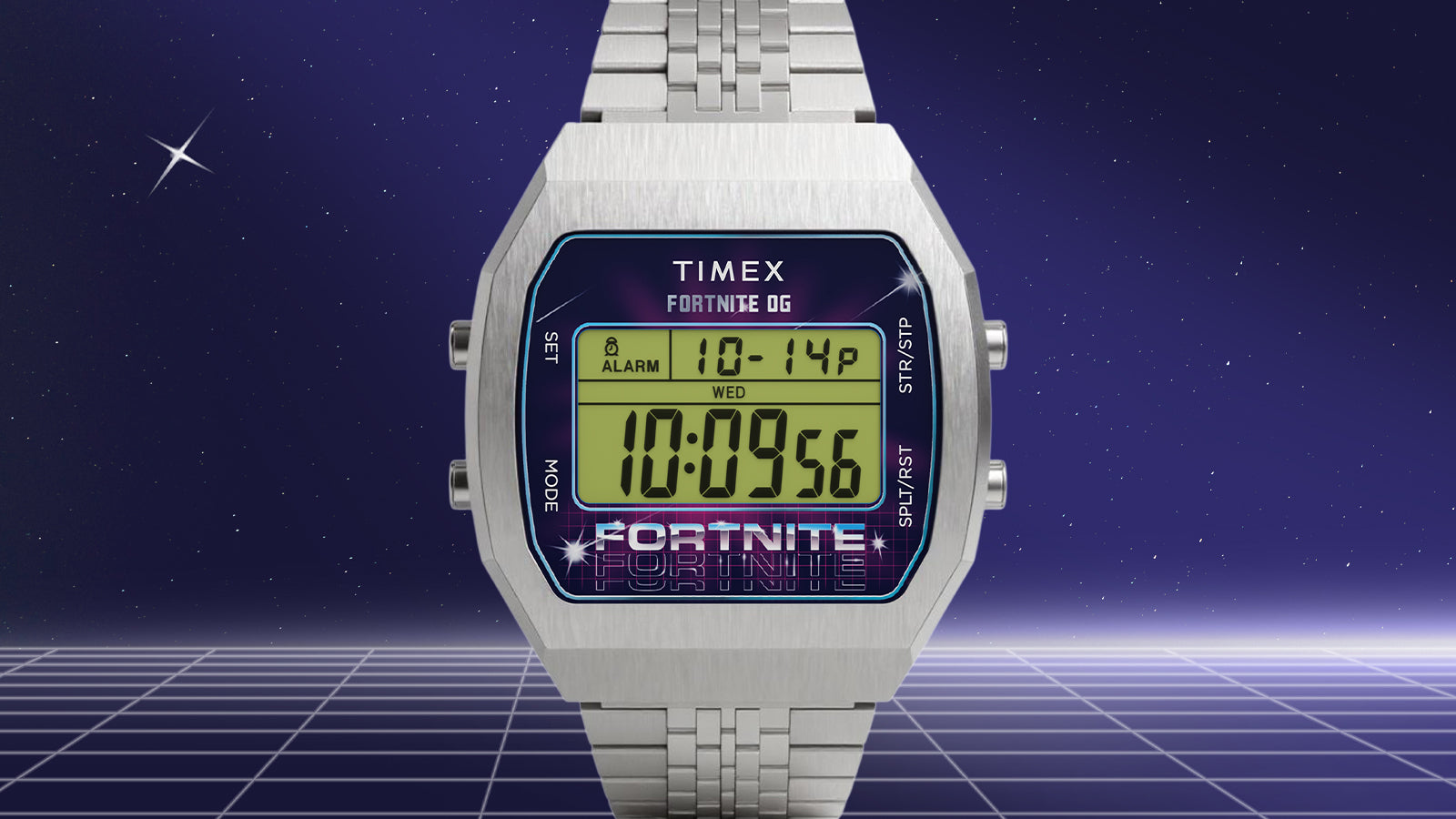 Front view of the Timex x Fortnite T80 silver digital watch showing a green backlit display with Fortnite OG logo and stainless-steel bracelet design.