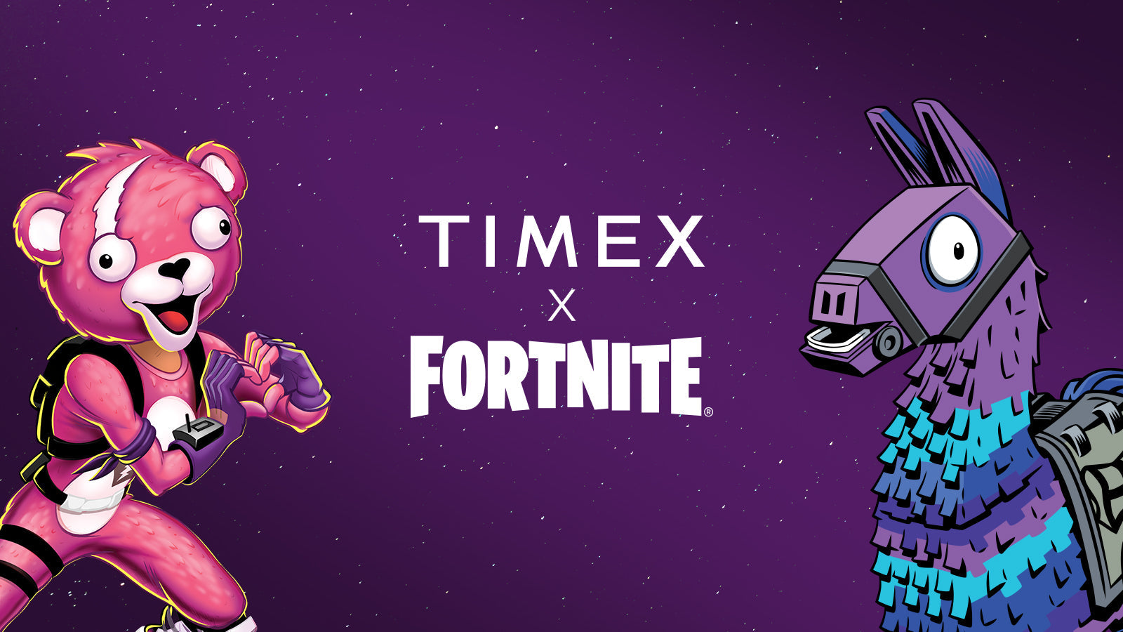 Timex x Fortnite collaboration banner featuring Cuddle Team Leader and Llama characters with Timex and Fortnite logos centered on a purple starry background.