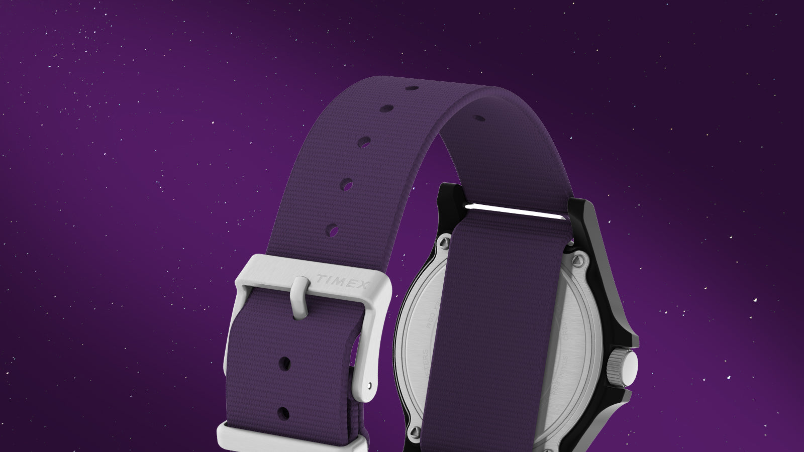 Rear angle of Timex x Fortnite Acadia watch showing purple nylon strap and stainless-steel buckle engraved with Timex branding.