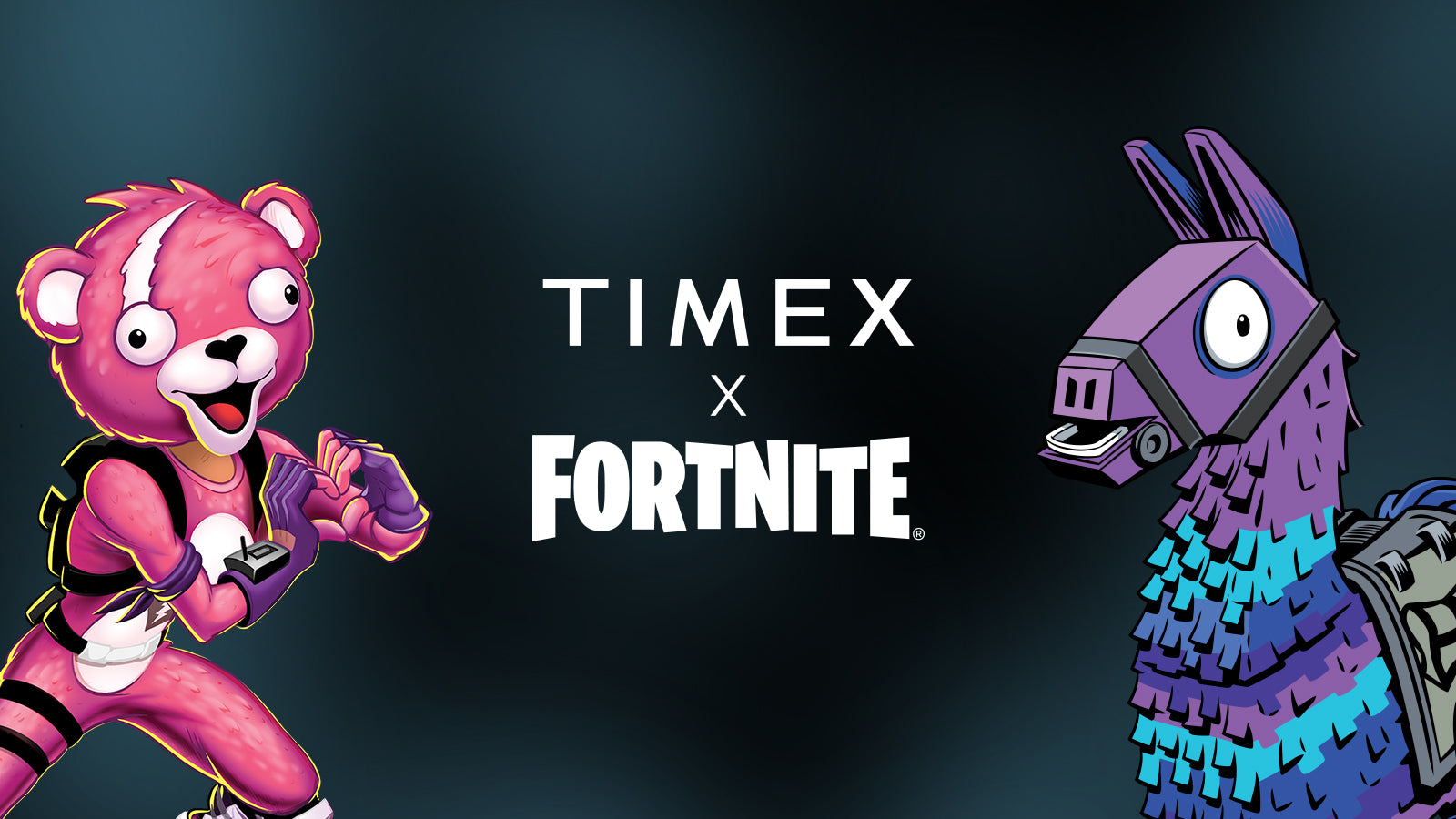 Timex x Fortnite collaboration banner featuring Cuddle Team Leader and Llama characters with Timex and Fortnite logos centered on a dark teal background.