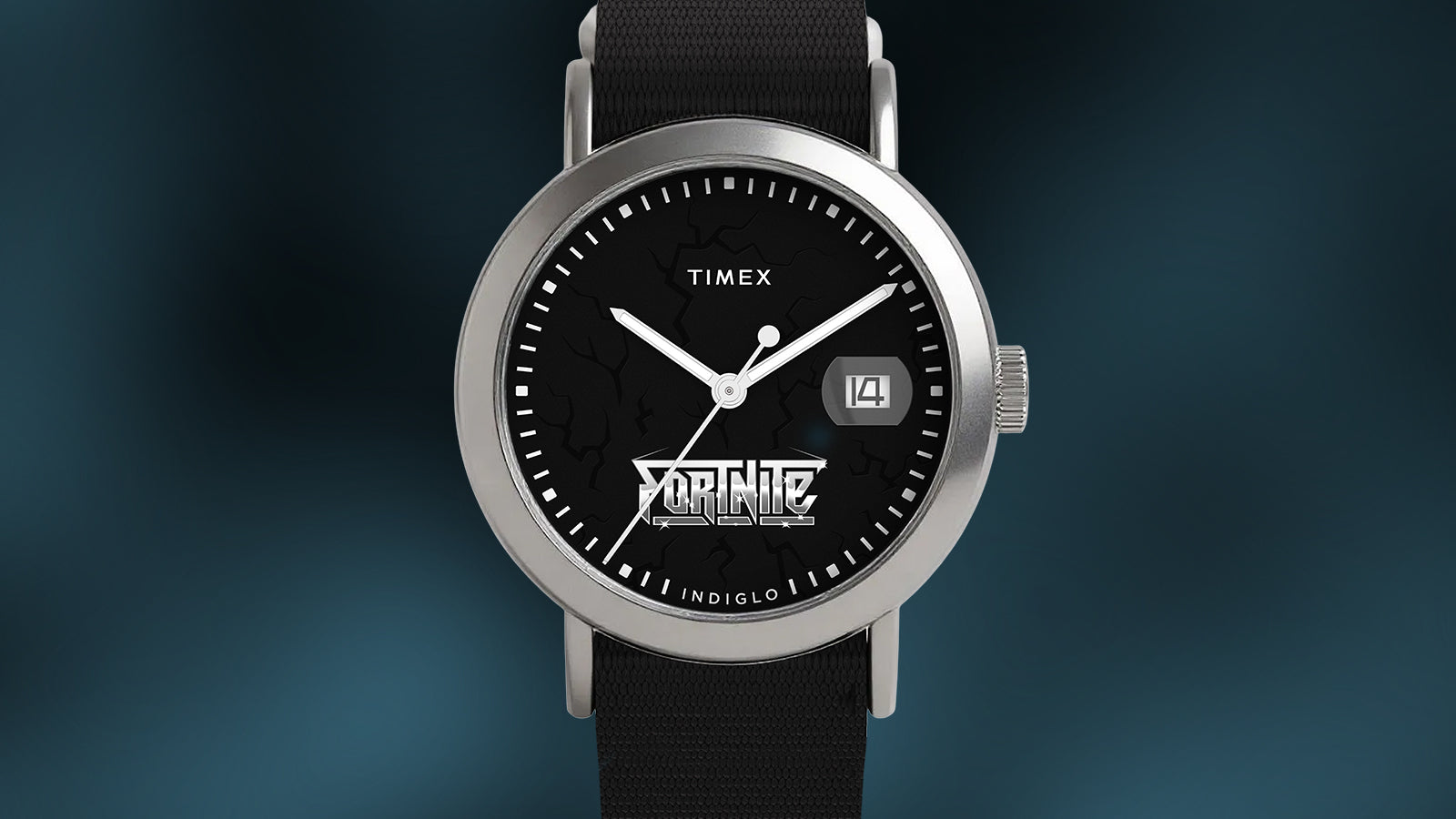 Front close-up of Timex x Fortnite Weekender watch showing glowing electric blue lightning Indiglo dial and Fortnite logo.