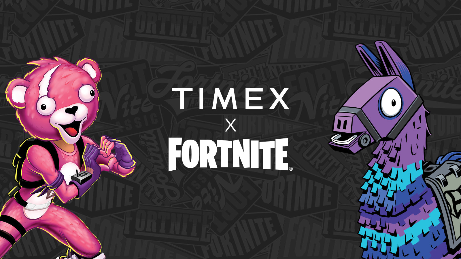Timex x Fortnite collaboration banner featuring Cuddle Team Leader and Llama characters with Timex and Fortnite logos centered on dark patterned background.