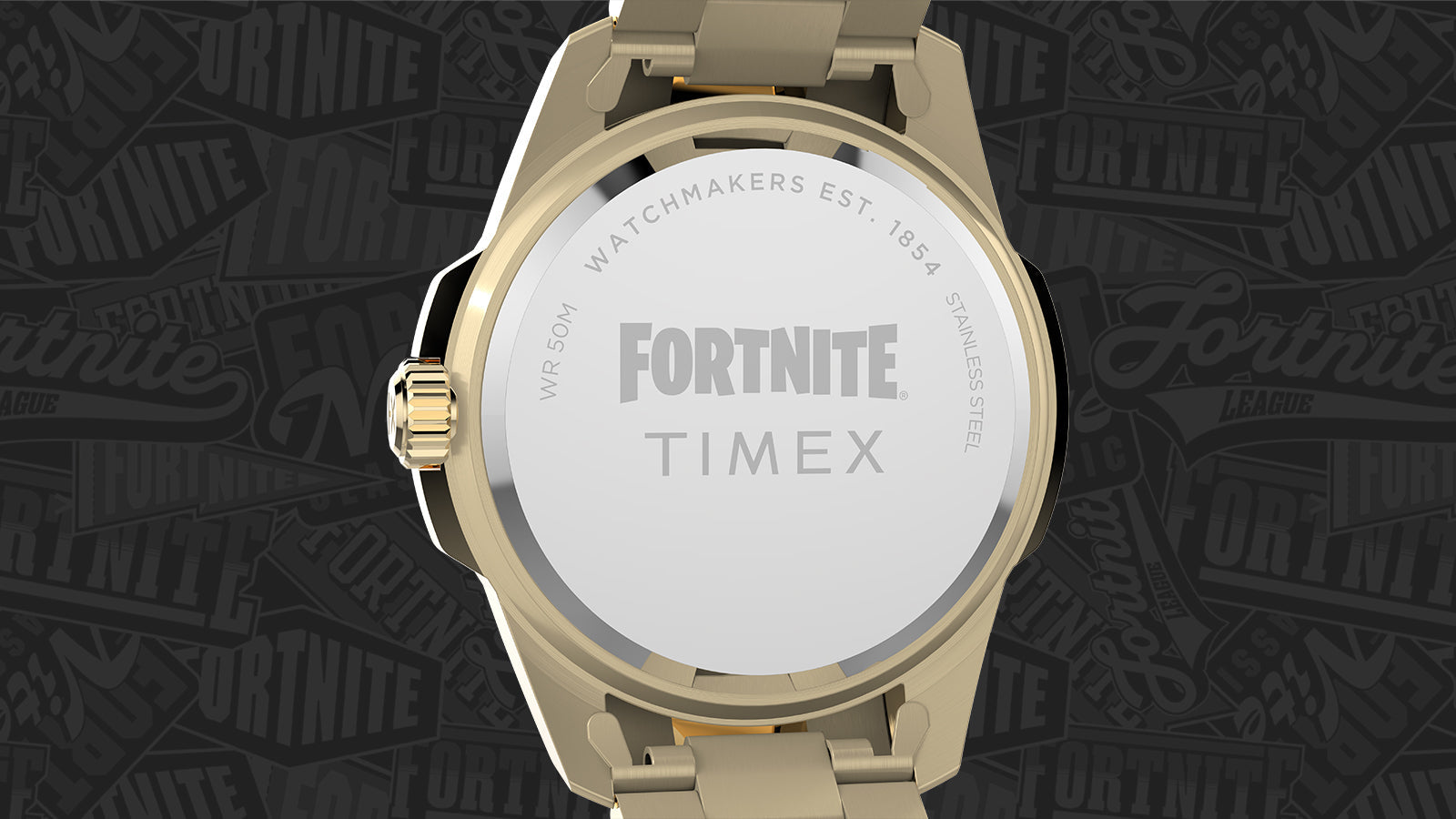 Back of Timex x Fortnite Essex watch engraved with Fortnite and Timex logos on stainless-steel case back.