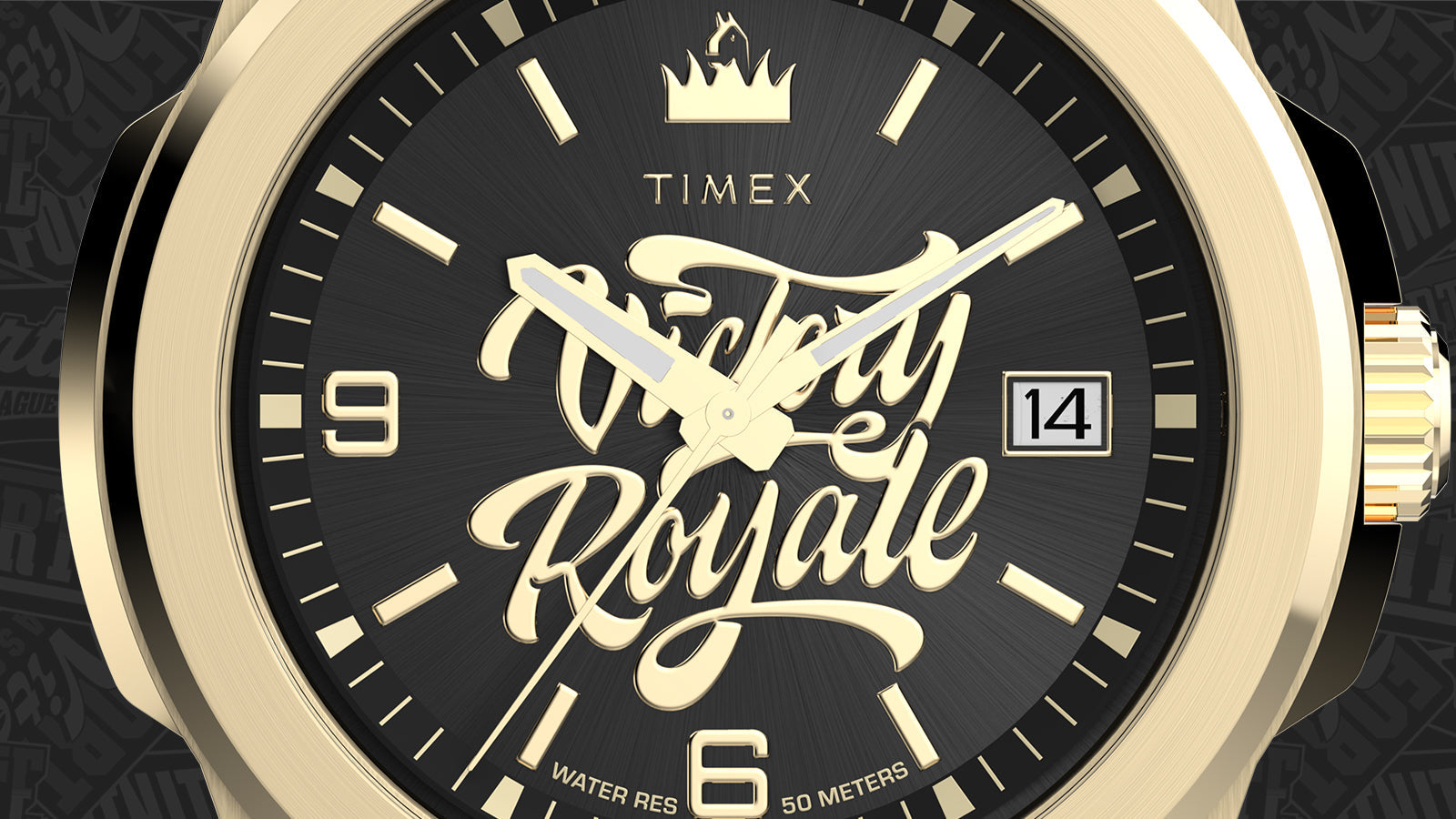 Timex x Fortnite Essex watch in gold-tone stainless steel featuring Victory Royale text on black dial.