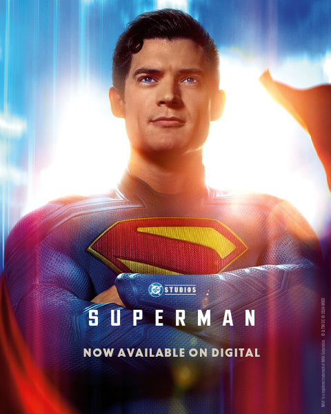 Superman character in costume with logo, 'DC Studios' branding, and text 'Now Available on Digital'.