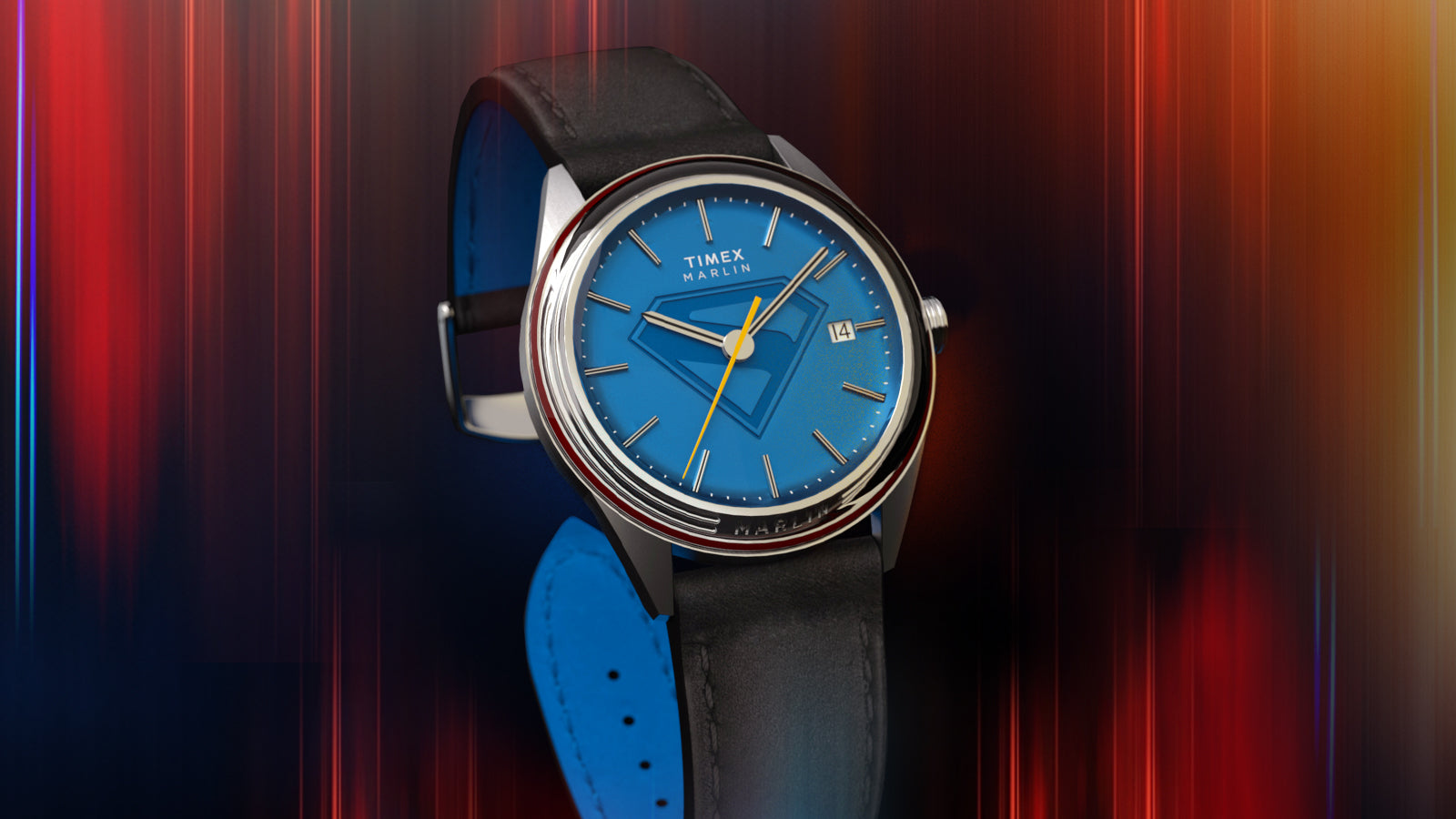 Side-angle view of the Timex x Superman Marlin® Jet Automatic watch, showcasing the blue Superman emblem dial, stainless steel case, and black leather strap with blue lining.