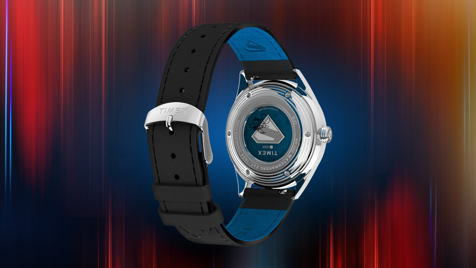 Full rear strap and case back view of the Timex x Superman Marlin® Jet Automatic watch, featuring black leather exterior, blue lining with embossed Superman logo, and polished buckle.