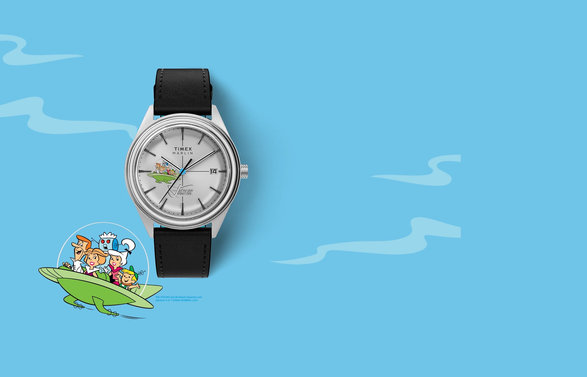 Timex Marlin Jet Automatic x The Jetsons wristwatch on light blue background with The Jetsons family flying in their green spaceship illustrated beside the watch face.