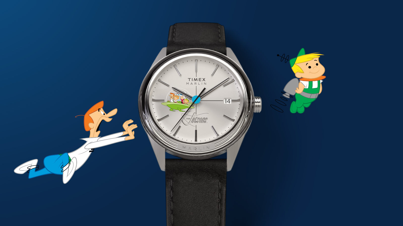 Timex Marlin Jet Automatic watch with The Jetsons spaceship dial design on a dark blue background, flanked by George Jetson reaching out and Elroy flying with a jetpack.
