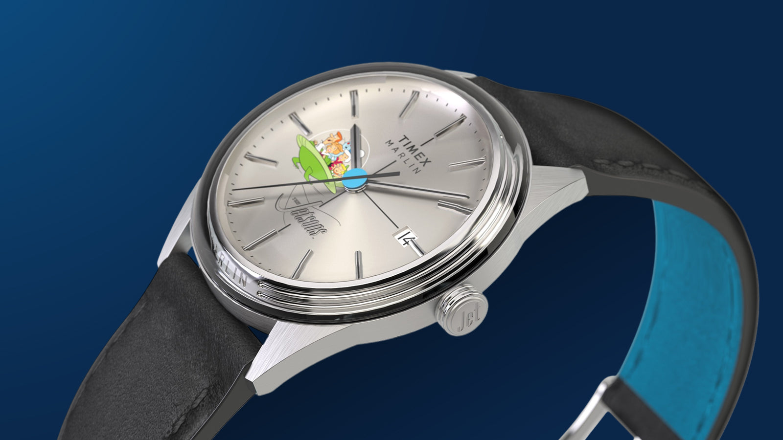 Side angle view of Timex Marlin Jet Automatic watch showing silver case, black leather strap with blue interior, and The Jetsons spaceship graphic on the dial against dark blue background.