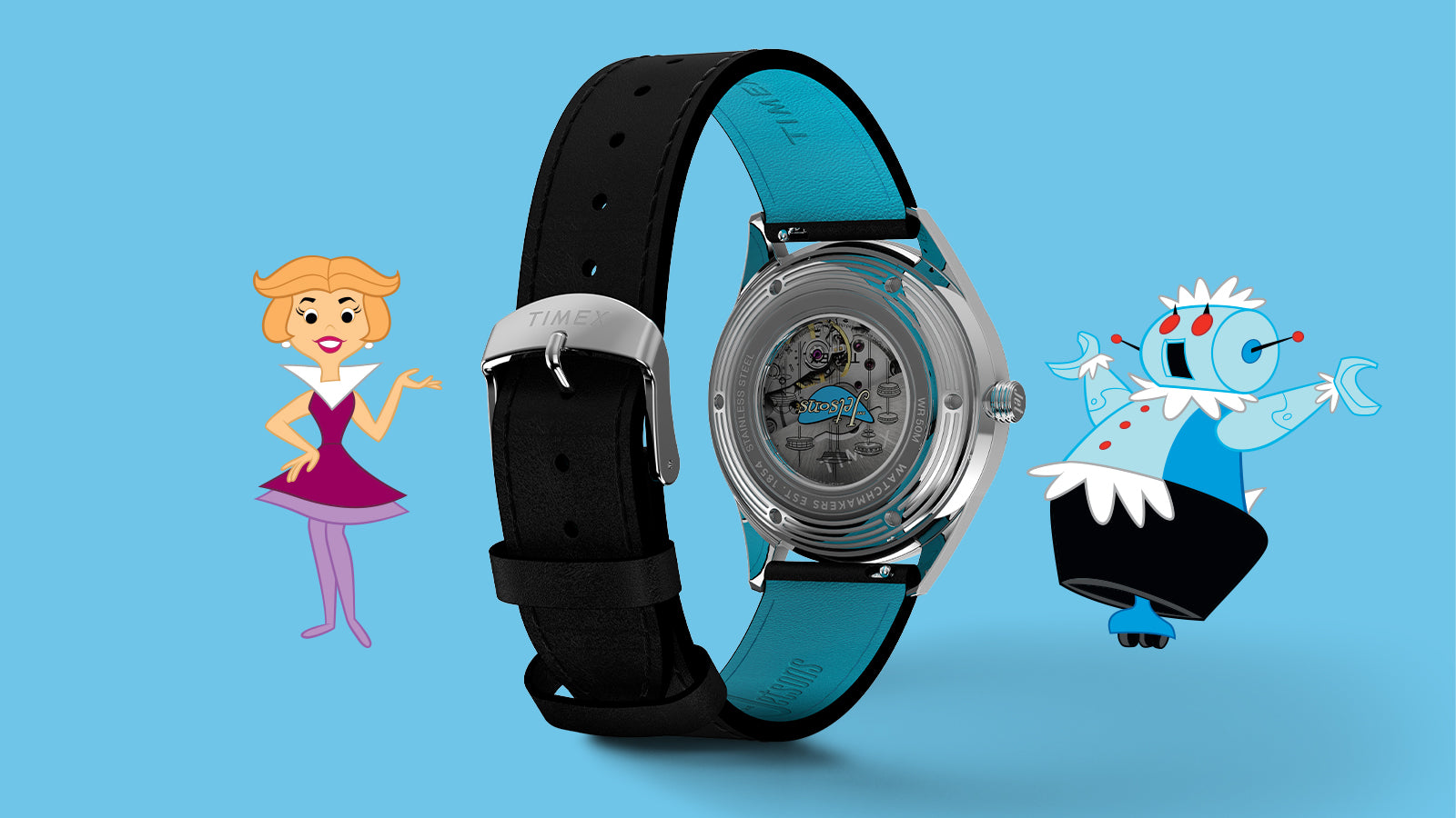Rear view of Timex Marlin Jet Automatic watch with open case back featuring The Jetsons logo, accompanied by Jane Jetson and Rosie the Robot illustrations on a light blue background.