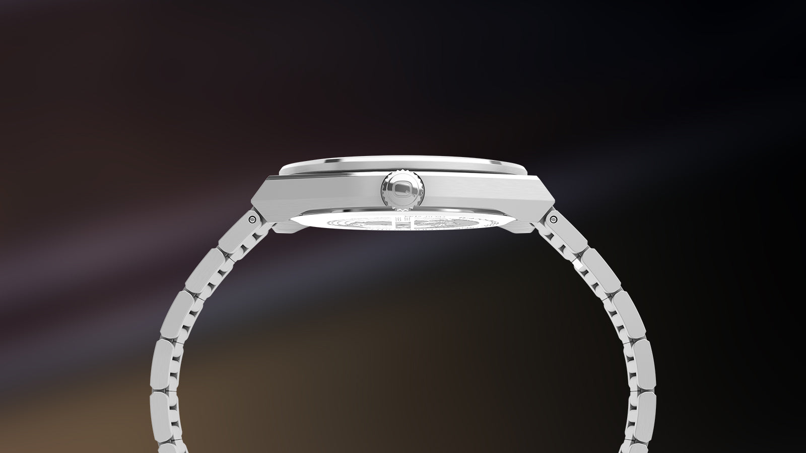 Side profile of the stainless-steel Q Timex® Continental Day and Date watch showing its slim, angular case, textured crown, and polished bracelet links. The minimalist side view highlights its refined craftsmanship.