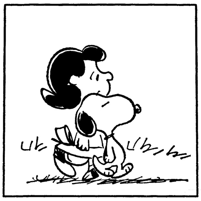 Peanuts® comic strip panel showing Snoopy and a girl walking closely together with peaceful expressions, evoking warmth and friendship.
