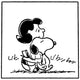 Peanuts® comic strip panel showing Snoopy and a girl walking closely together with peaceful expressions, evoking warmth and friendship.