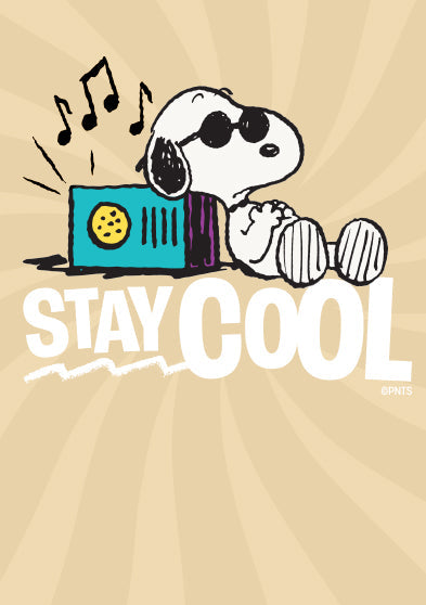 Illustration of Snoopy as “Joe Cool” lounging beside a retro radio with music notes above and the phrase “Stay Cool” in bold white text on a beige background.