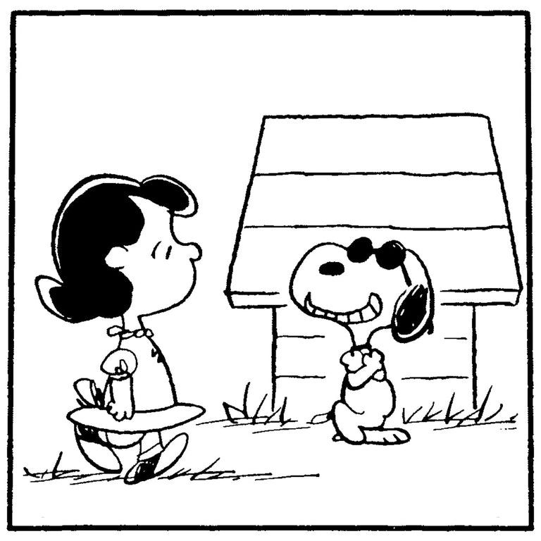 Peanuts® comic strip panel showing Snoopy as “Joe Cool” standing confidently near his doghouse while a girl walks by with a curious expression.