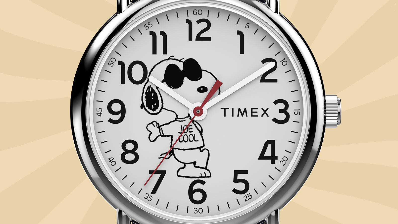 Close-up of the Timex x Peanuts® Weekender watch dial featuring Snoopy in his “Joe Cool” persona wearing sunglasses and a red shirt, with bold black numerals and red second hand.