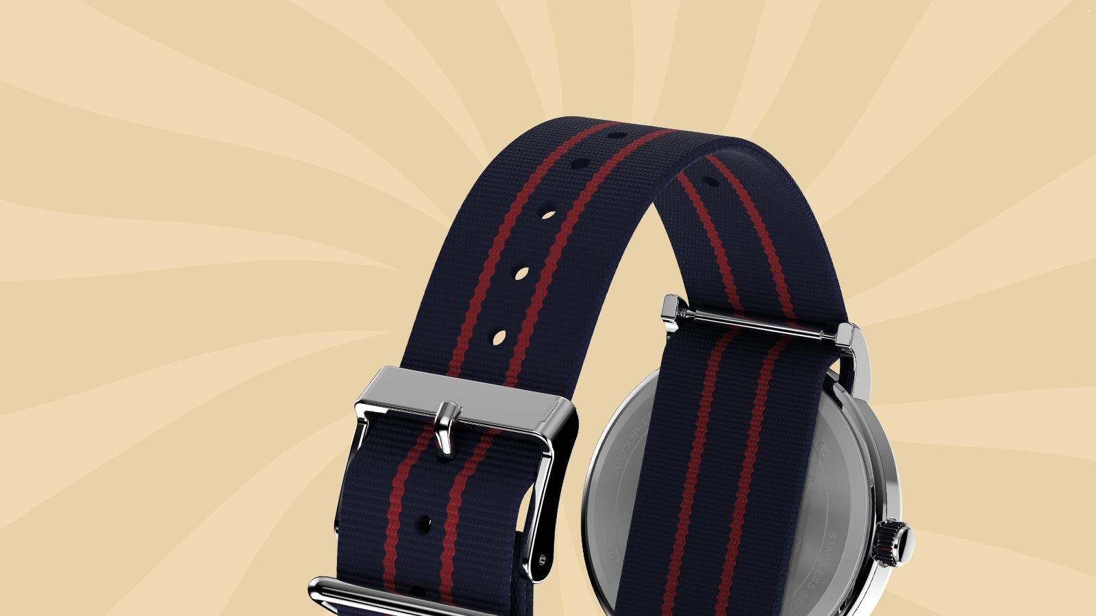 Back view of the Timex x Peanuts® Weekender watch showing the navy and red-striped fabric strap and polished silver-tone buckle.