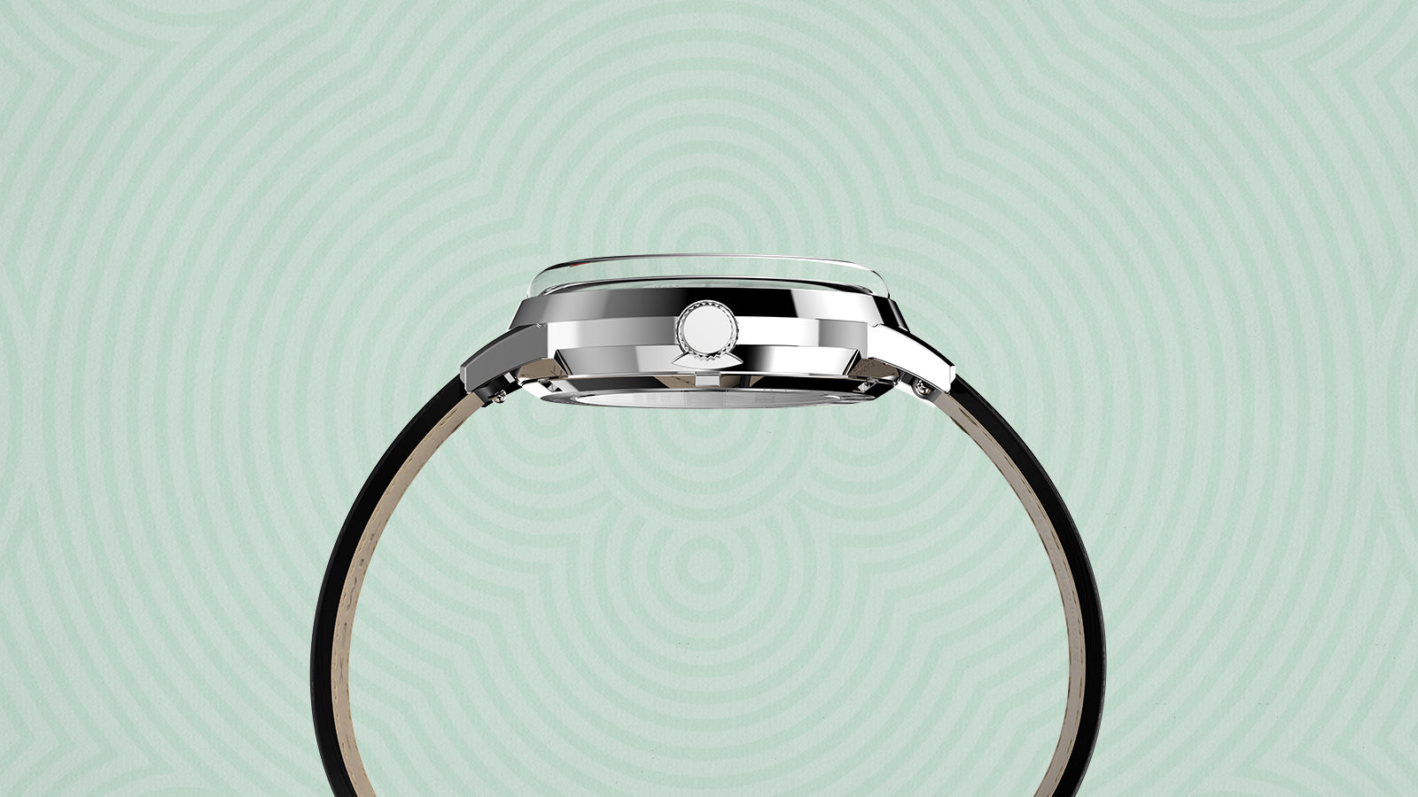 Side profile of the Timex x Monopoly Marlin® Automatic wristwatch, highlighting the sleek polished stainless-steel case, domed crystal, and crown. The black leather strap and detailed case craftsmanship are clearly visible against a mint patterned background.