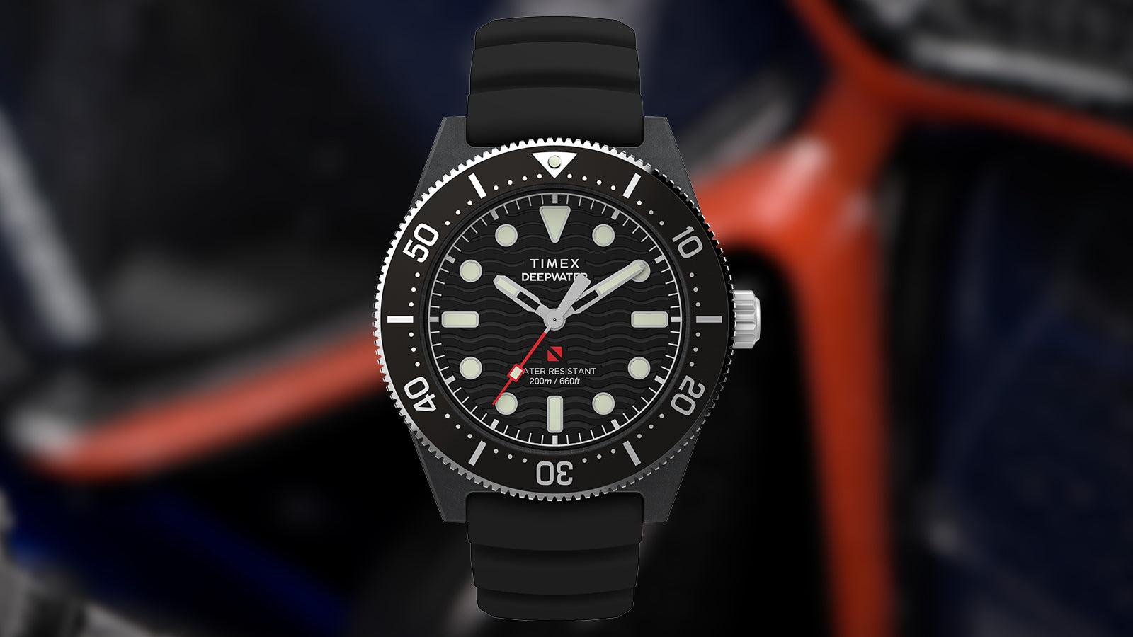 Front view of the Timex Deepwater dive watch with a black wavy-textured dial, white luminous hour markers, red seconds hand, and a unidirectional black rotating bezel marked up to 60 minutes. The watch displays water resistance of 200 meters (660 feet) and is paired with a black silicone strap.
